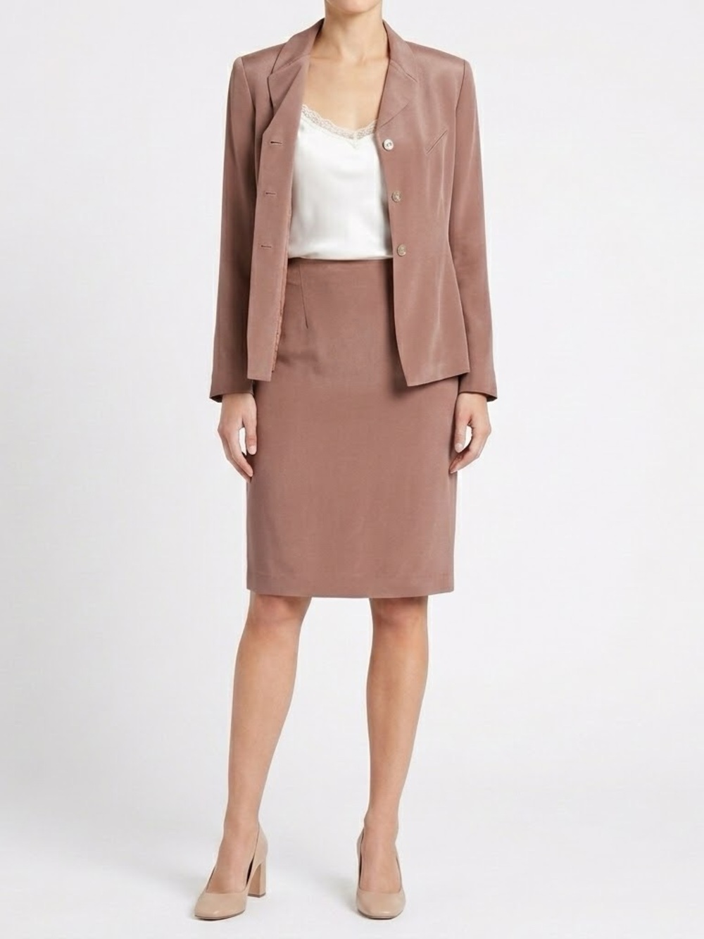 Vintage TAHARI 100% Silk 2 Piece Skirt Blazer Suit Set Rose Taupe Size 10⁠